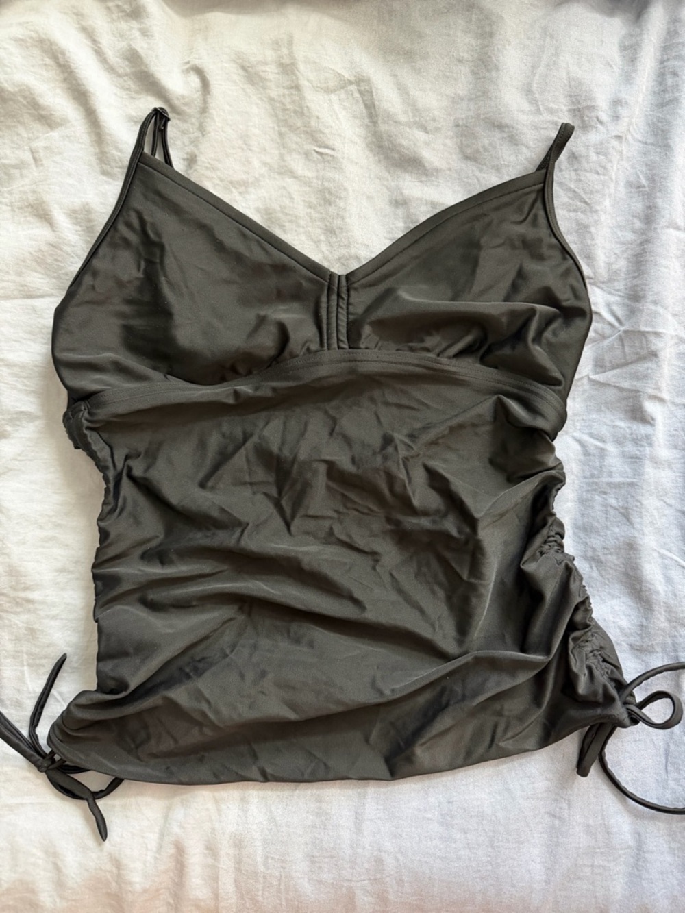 prAna Moorea Tankini Top Size M Charcoal Gray Ruched Slimming Modest Swim Yoga